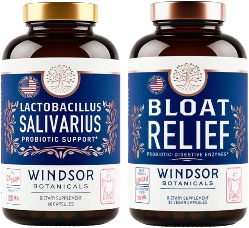 WINDSOR BOTANICALS Bloat Relief i Lactobacillus Salivarius Probiotic Kapsułki - Paleta doustna i IBS