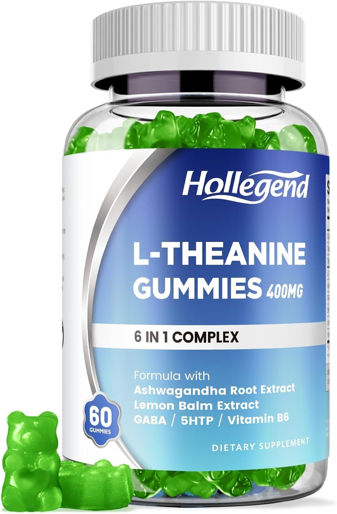 Theanine Gickes, l'elanine 400mmg amb Ashwagandha, GABA, 5HTP, L- Theanine Chewable suplementari per relaxar-se, Tzzel i Focus, Vega, Llimona Flavor, 60 comtes