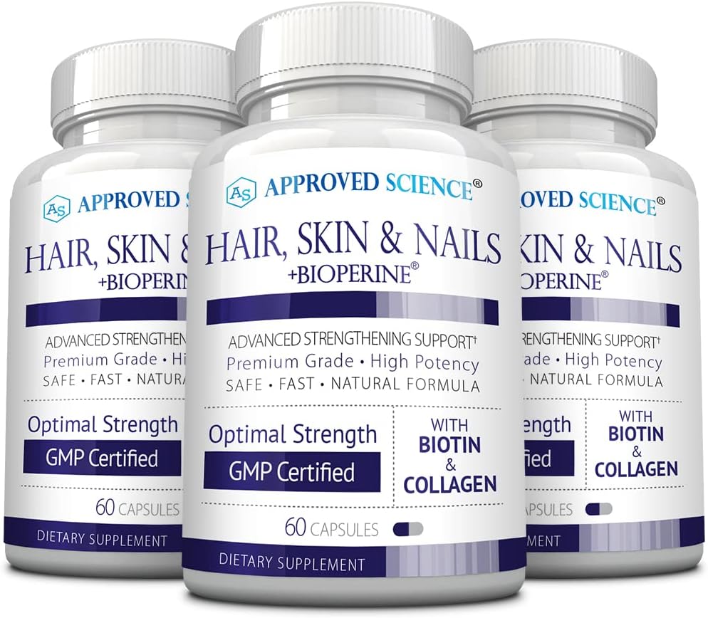 Approved Science Hair, Skin and Nails - Support Supplement - Biotin, Collagen, Vitamin B Complex, Silica, BioPerine - 180 Capsules - 3 Month Supply