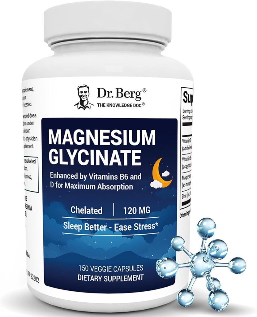 Dr Berg Maximum Strength 4-i-1 Chelated Magnesium Glycinate med Clean, Potent & Pure Ingredients | 4X Lab-Tested & Verified | USA Formulerad Magnesium Supplement Capsules | 150 kapslar