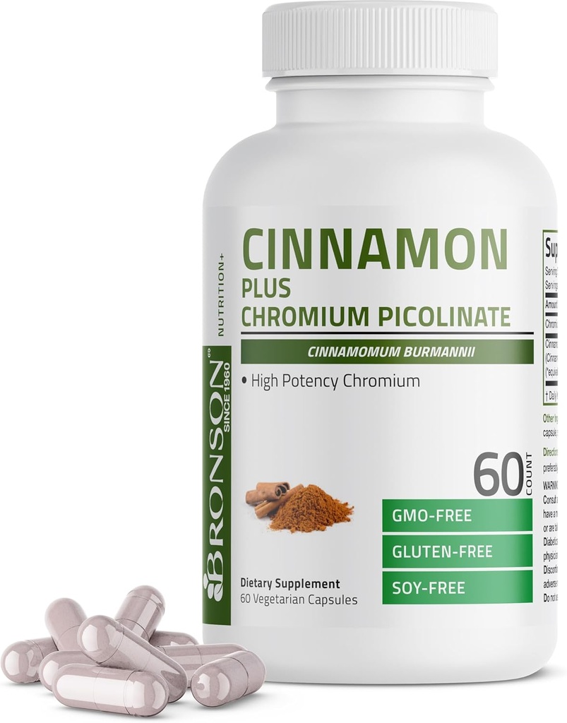 Bronson Cinnamon Plus Chromium Picolinate Supplement, High Potence Chromium, Non-GMO, 60 Cápsulas Vegetarianas