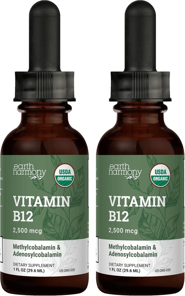 USDA Ekološki vitamin B12 2000mcg Podjezični tekoči dodatek (2-Pack) - Veganske metilkobalamin kapljice za naravno energijo, vzdrževanje presnove in podporo imunskega sistema - 1 Fl Oz