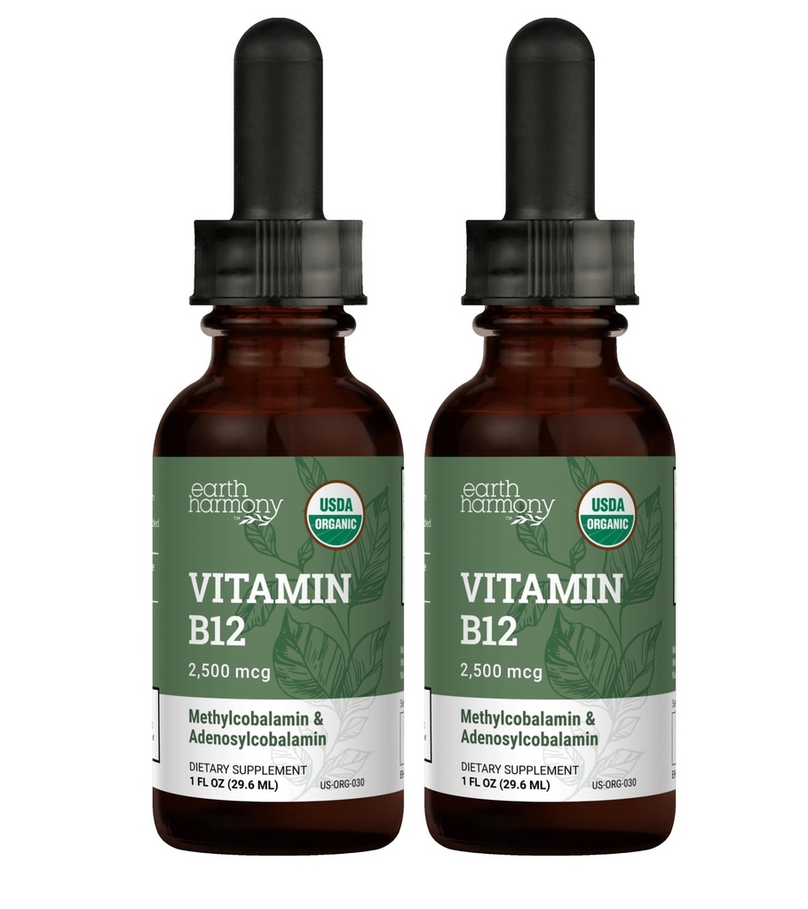 USDA Organic Vitamin B12 2000mcg Sublingual Liquid Supplement (2-Pack) - Vegan Methylcobalamin Drops for Natural Energy, Maintain Metabolism, and Immune System Support - 1 Fl Oz