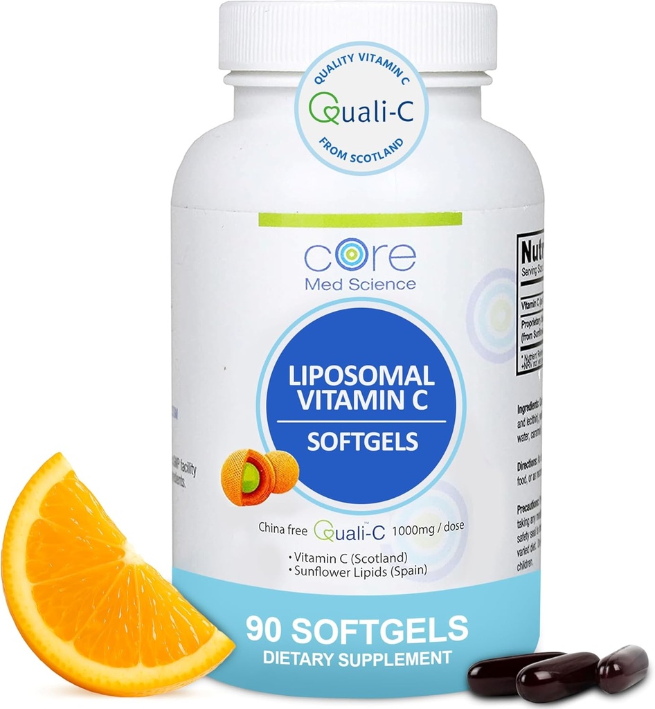 Liposomal vitamin C 1000mg av Core Med Science, 90 Softgels - Ikke-GMO Naturlig Liposomal Vitamin C Supplement som fremmer sunn hud - Immunsystem Booster for voksne, støtter kollagenformasjon