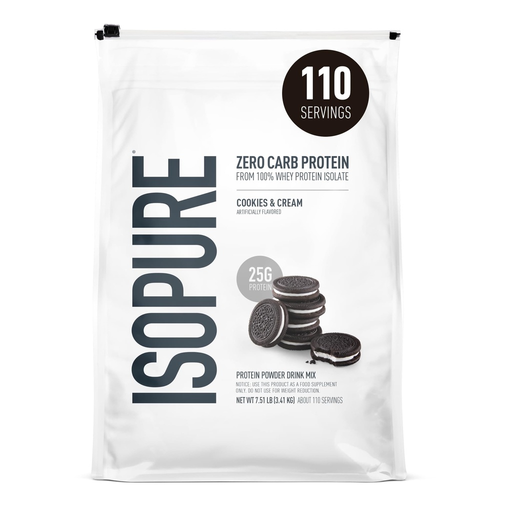 Isopure Zero Carb 100% Pure Whey Isolate Protein Powder, Gluten Free, with Vitamins, Cookies & Cream, 25g Protein Per Serving, 7.5 Lbs, 110 Servings (Packaging May Vary)
