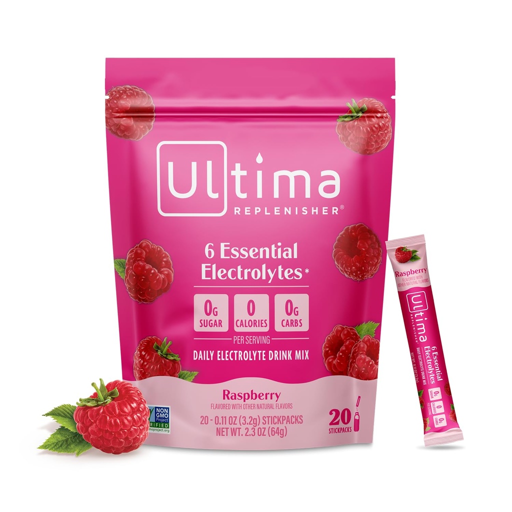 Ultima Replenisher Denní Electrolyte Powder Drink Mix - Cukr zdarma - Malina, 20 Stickpacks - Hydratační balíčky s 6 klíči Electrolyty a stopové minerály - Keto Friendly, Vegan, Non- GMO