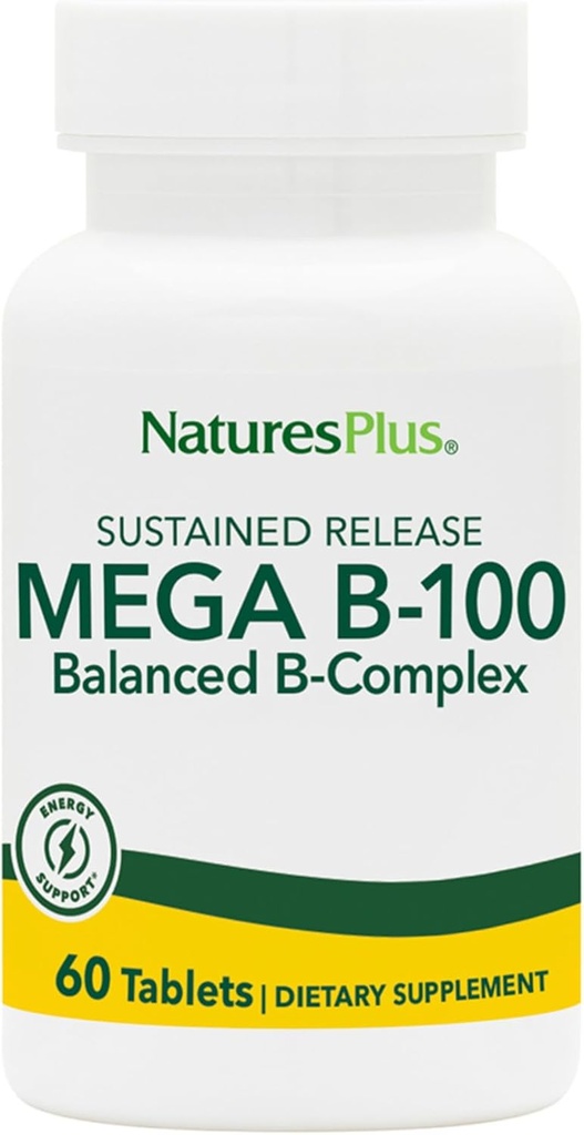 NaturesPlus Mega B- 100 kompleksas - 60 Ilgalaikio išleidimo tabletės - Subalansuotas B kompleksas - Energijos parama - Vegetariškas, Gluten Free - 60 Servings