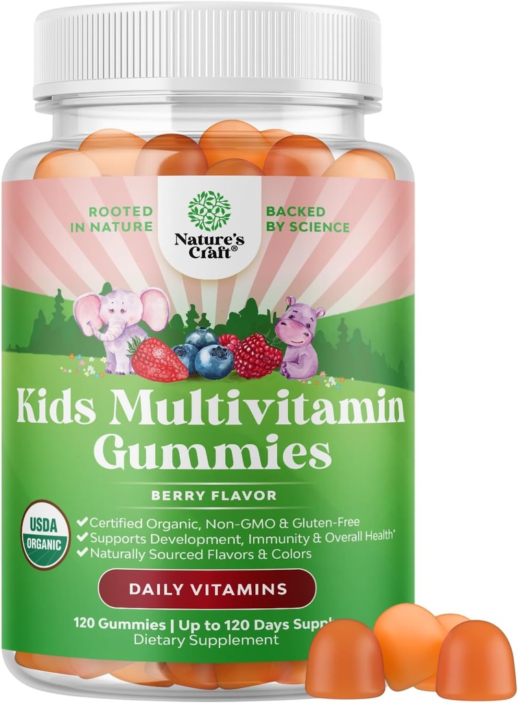USDA Organic Kids Multivitamin Gummies - Vegan Organic Multivitamin for Kids 2+ with 14 Essential Vitamins and Minerals - Daily Gummy Multivitamins Vegan Nut Free " Non-GMO (120 Count)