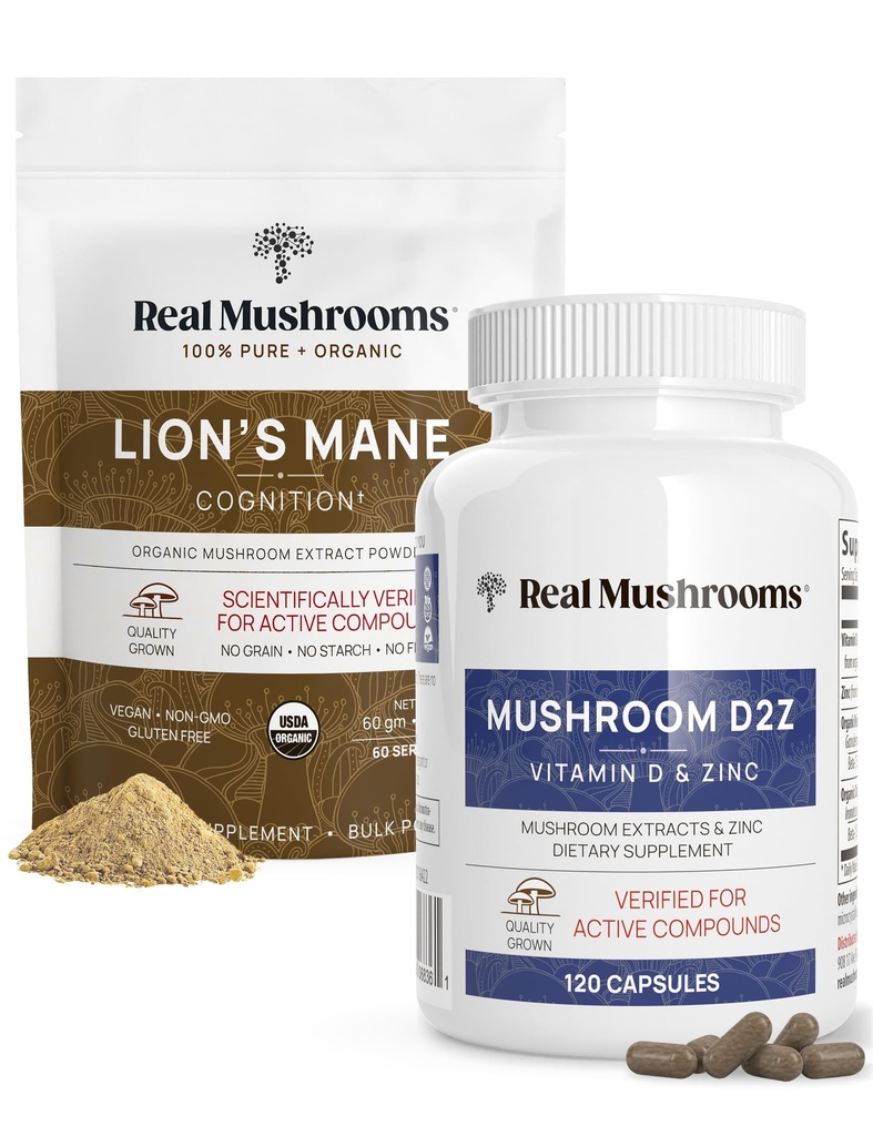 Real Mushrooms Vitamin D2, Chelated Zinc, Chaga, Reishi (120ct) and Organic Lion's Mane Powder (60 Servings) Bundle - Immunity and Cognitive Support, Improved Absorption - Vegan, Gluten Free, Non-GMO