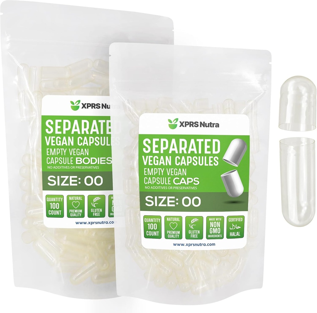 XPRS Nutra Vegan Size 00 Separated Capsules - 100 count Clear Premium Empty Capsules Separated in Bags - 00 Pills Empty for DIY supplement Filling