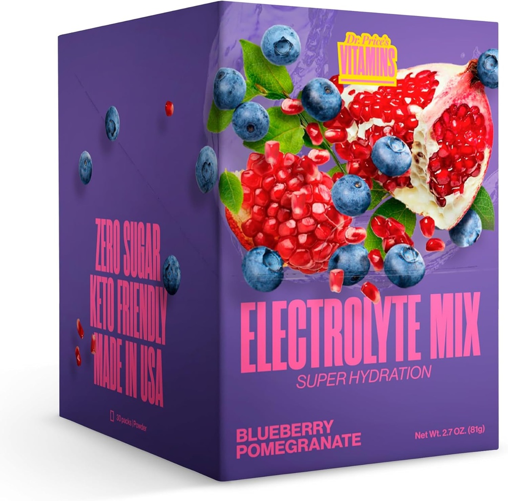 Dr. Price 's Vitaminai Electrolyte Mix Priedas Milteliai, 72 Sekti mineralai, Kalis, natris, Elektrolyte Atsarginis Keto Geriamasis 124; Blueberry- Granata 30 Packets- 124; No Sugar, Keto, Vegan, Non- GMO