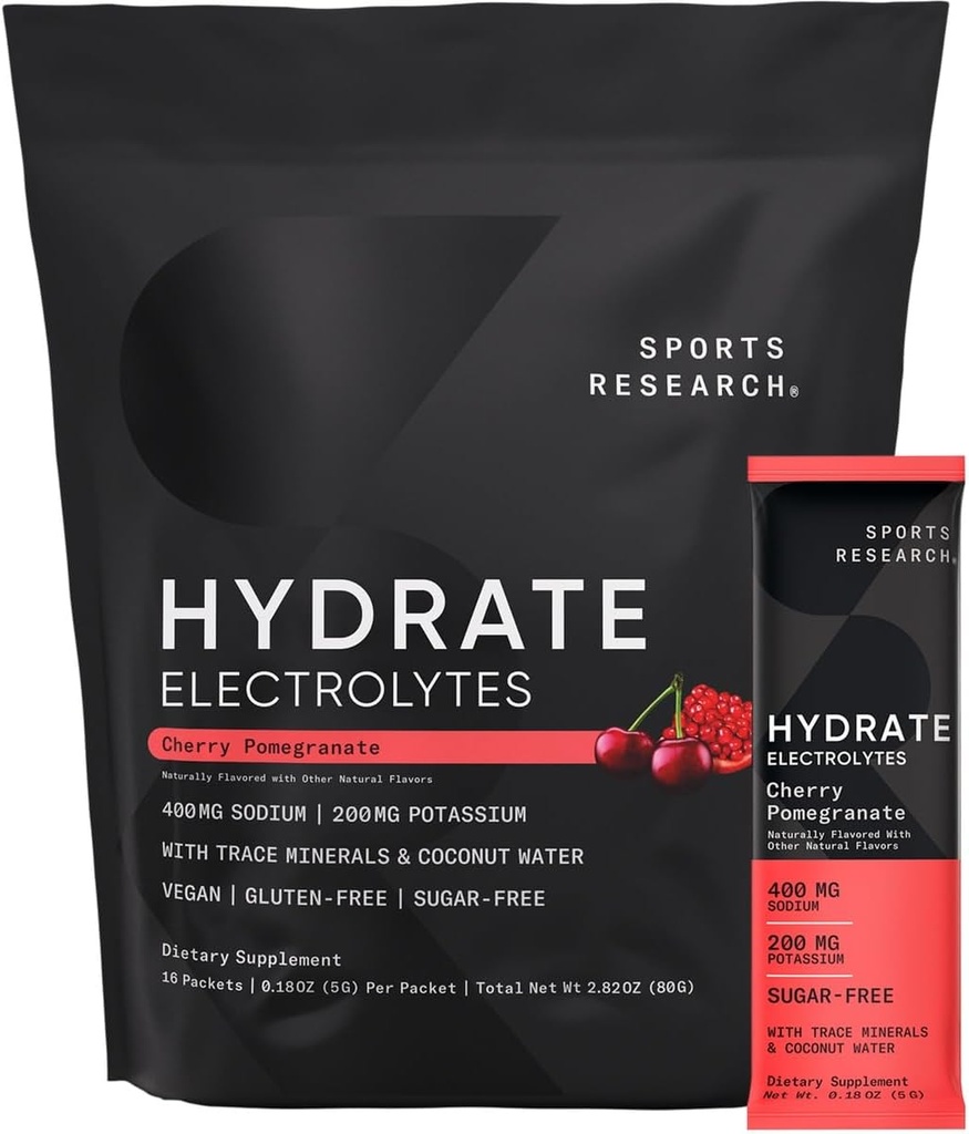 Sports Research Hydrate Electrolytes Powder Packets - Sugar-Free & Naturally Flavored con vitaminas, minerais e auga de coco - Apoia a hidratación - 16 Packets - Cherry Ps