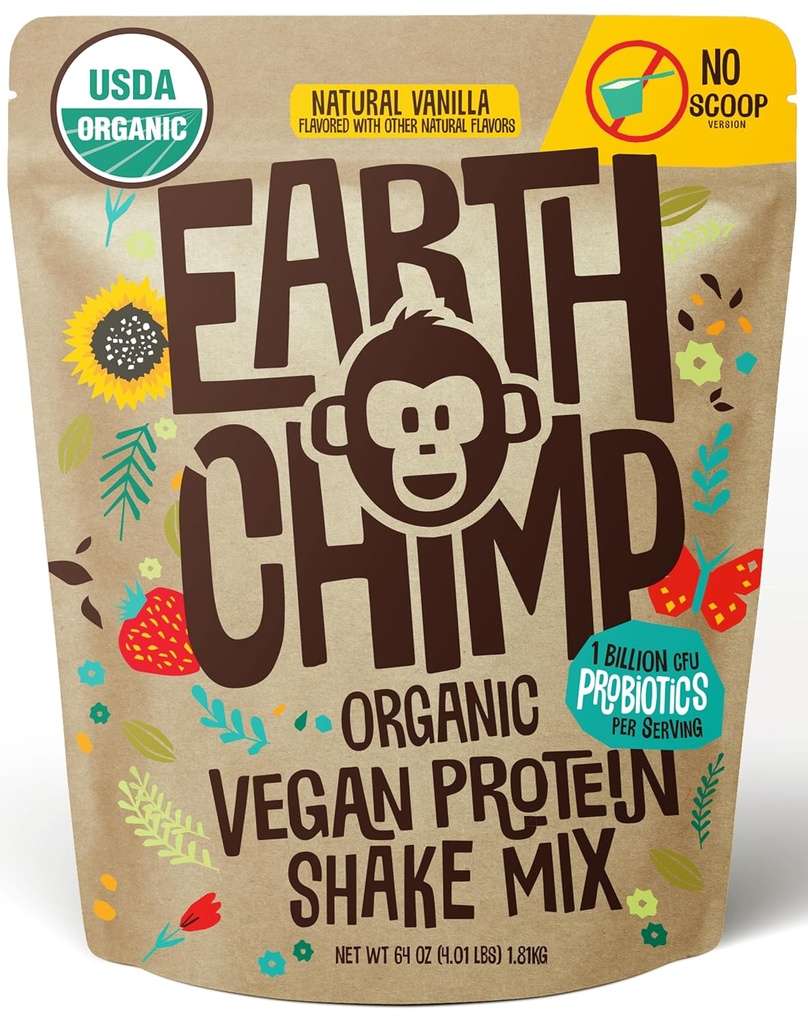 EarthChimp Organic Vegan Protein Powder - s probiotiky - Non GMO, mléčné výrobky zdarma, nesyrovátka, rostlinný protein prášek pro ženy a muže, gluten zdarma - 52 Sluhy 64 Oz (Vanilla) No Scoop