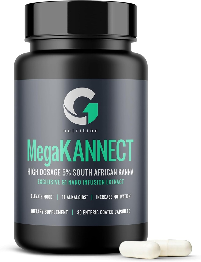 Mega Kannect kapsulak % 5 Kanna Alkaloidekin | Elevates Mood, Energia-mailak bultzatzen ditu, Argitasun Mentala hobetzen du | Sceletium Tortuosum Eguneroko gehigarriak Gizon eta Emakumeentzako (30 kondea)
