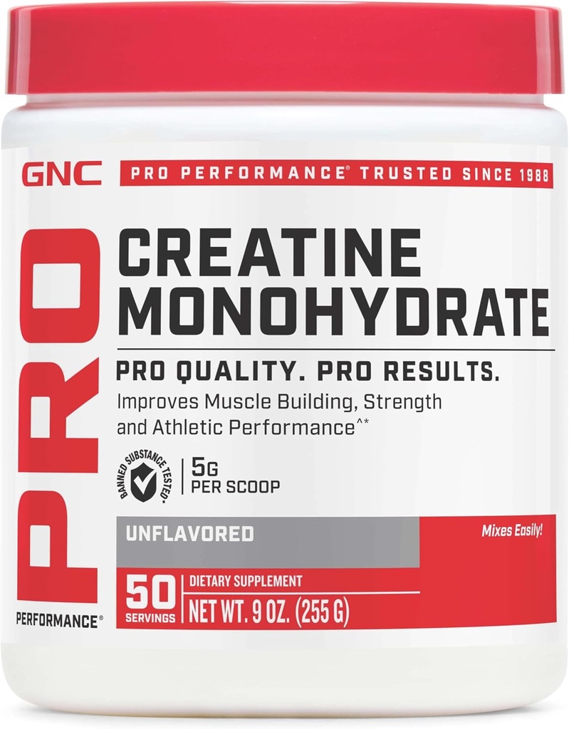 GNC Pro Performance Creatine Monohydraat Powder for Women & Men, 5g Creatine Per Serving, Muscle Building, Energy Production, Endurance, Performance, 50 Servings