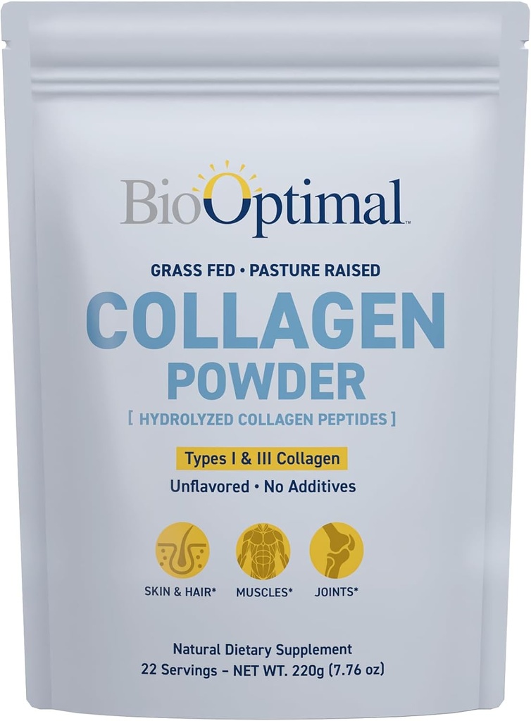BioOptimal Collagen Peptides Toz - Grass-Fed, Dəstək üçün Pasture-Raed Hidrolyzed Protein əlavə, Saç və Nails - Kişi və Qadınlar üçün Zero Sugar Daily Supplement (22 Xidmət)