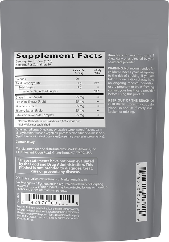 OPC-3 Isotonix Antioxidant Chews | Циркуляция, зрение и поддержка кожи | Виноградное семя, красное вино, сосновая кора (Pycnogenol®), Bilberry & Citrus Bioflavonoids | Жевательная добавка антиоксиданта - 30 Count