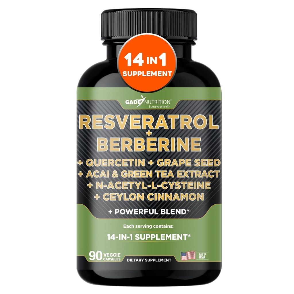 Gade Nutrition Resveratrol Berberine Quercetin Grape Seed Extract Green Tea Extract N-Acetyl Cysteine - 14 in 1 Complex Supplement for Women & Men with Potent Antioxidants - Made in USA