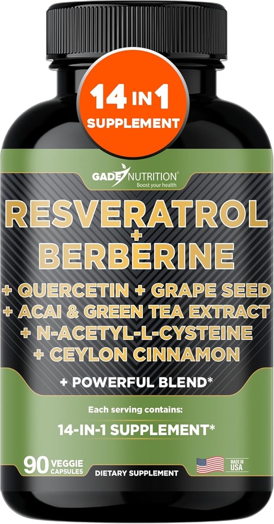 Gade Nutrition Resveratrol Berberine Quercetin Vīnogu sēklu ekstrakts Zaļās tējas ekstrakts N-Acetyl Cysteine - 14 in 1 Complex Pielikums sievietēm un vīriešiem ar spēcīgiem antioksidantiem - ražots ASV