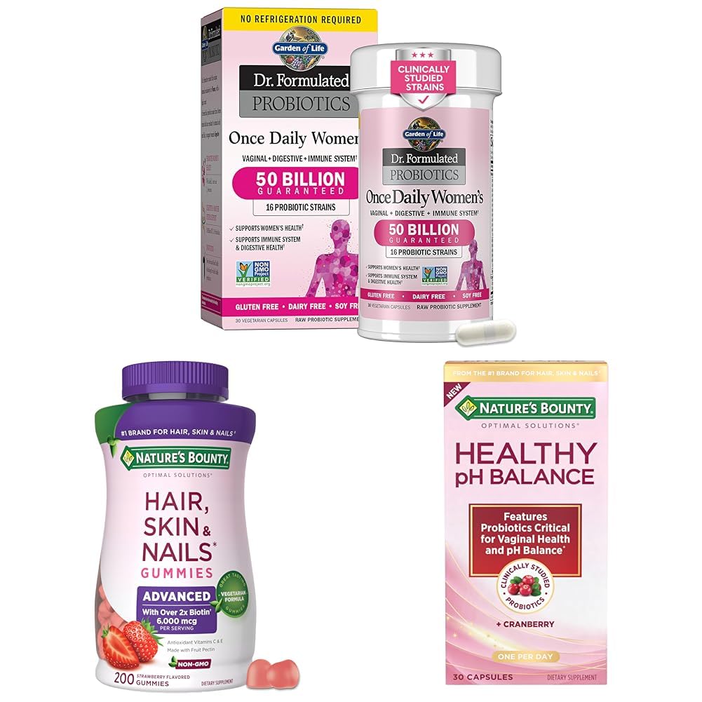 Garden of Life & Nature's Bounty Women’s Wellness Valentine’s Day Bundle- Digestive & Vaginal Health Support, Hair, Skin & Nails Pectin Gummies with Biotin, Vaginal Probiotics with Cranberry, 30-200ct