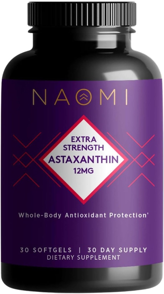 NAOMI Extra Strength Patented Astaxanthin 12mg supplement from Alaskan Algae - Natural Support for Skin ' Eye Health, Joint Support - Non-GMO, Gluten Free, 30 Softgels - 1 Month Supply