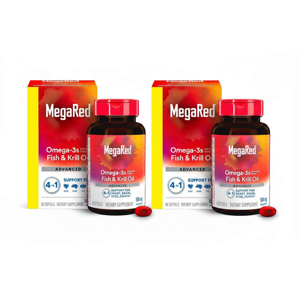 MegaRed Advanced 4-in-1 2X Concentrated 500mg Omega-3 Fish Oil & Antarctic Krill Oil with Fatty Acid, EPA/DHA Supports Heart, Brain, Joints, Eye Health 80 Count Softgels (2 Pack)