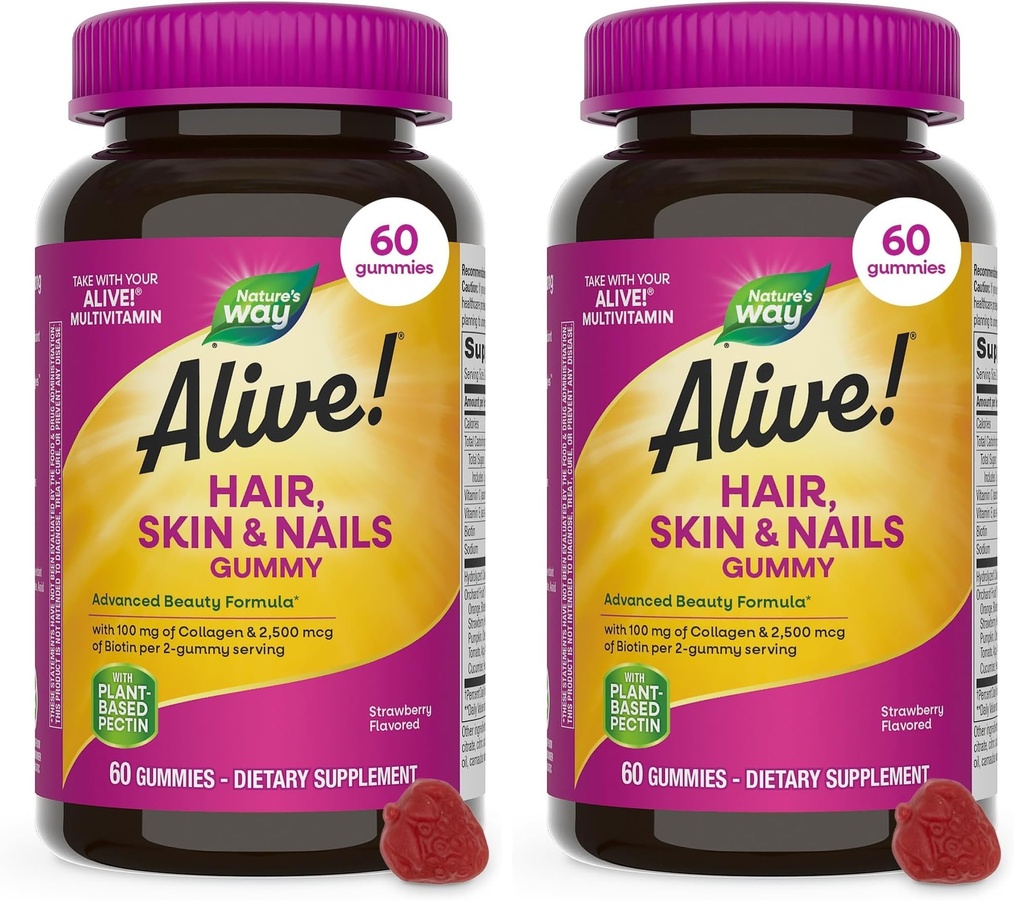 Nature's Way Alive! Hair, Skin & Nails Gummies, Advanced Beauty Formula*, with Biotin and Collagen, Strawberry Flavored, 60 Gummies (Packaging May Vary) (Pack of 2)