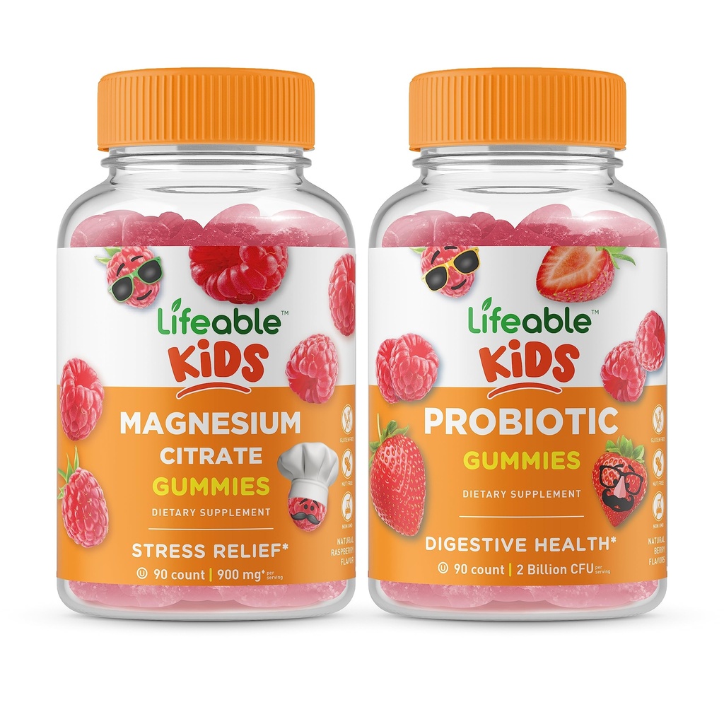 Lifeable Magnesium Kids + Probiotic 2 Billion CFU Kids, Gummies Bundle - Great Tasting, Vitamin Supplement, Gluten Free, GMO Free, Chewable Gummy