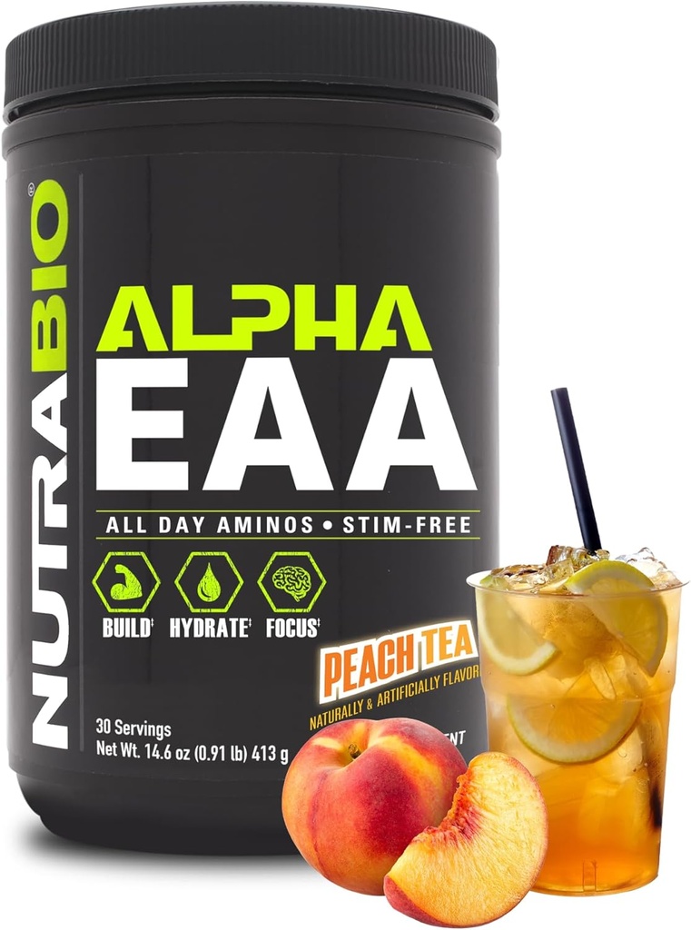 NutraBio Alpha EAA - All-Day Aminosäuren für Muskelwachstum und Hydration - Essential Amino Acids with Nootropics & Adaptogens- Full Spectrum EAA BCAA Powder - 30 Portionen - Peach Tea