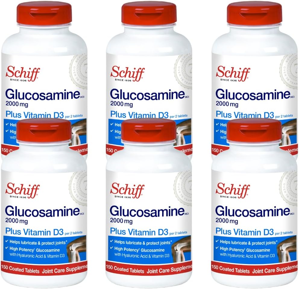 Schiff Glucosamine 2000mg avec vitamine D3 et acide hyaluronique, 150 comprimés - Supplément joint (paquet de 6)