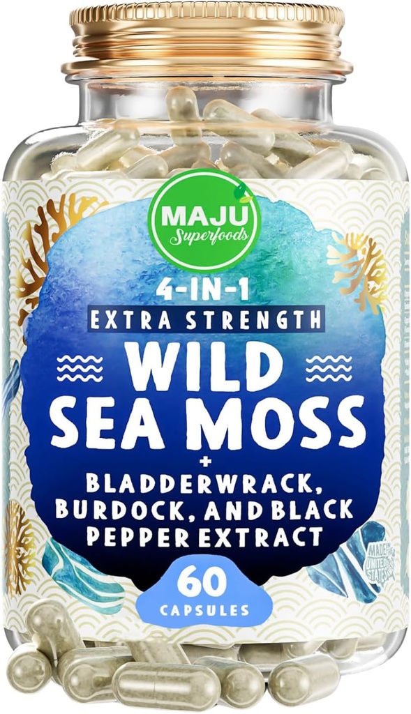 MAJU 4-in-1 Organic Sea Moss Capsules, Wild Chondrus Crispus, Seamoss w/Bladderwrack + Burdock Kök, Gel, İrlandiya, Sebi Inspired Raw Toz, 500 mg Kapsül (60 ct)
