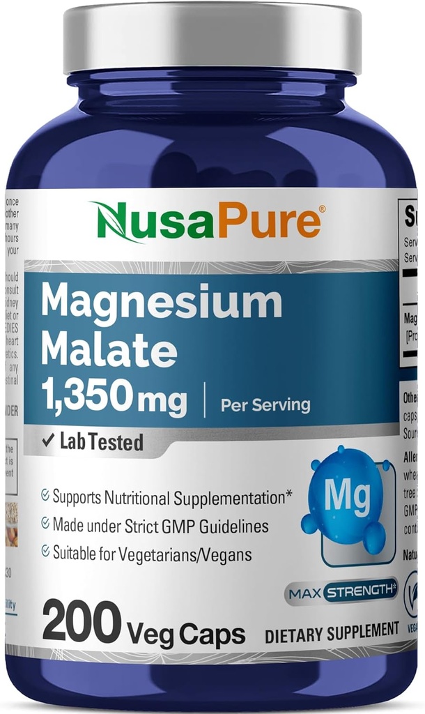 NusaPure Magnéziummalát 1350mg 200 Veggie Capsules (Vegan, Non-GMO, Vegan)