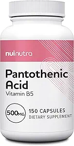 NUI NUTRA Pantothenic Acid (Vitamin B5) Supplement 500mg, 150 Capsules - Supports Energy, Focus, Digestive System, & Healthy Skin