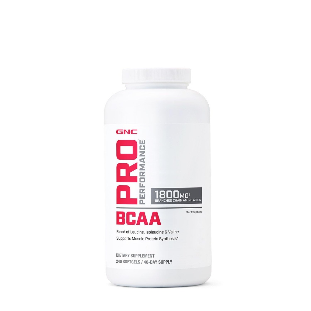 GNC Pro Performance BCAA 1.8g, 3rd Party Tested Supplement for Men & Women, Branched Chain Amino Acids, Essential Amino Acids Supports Muscle Protein Synthesis, 240 Softgels, 40 SVG
