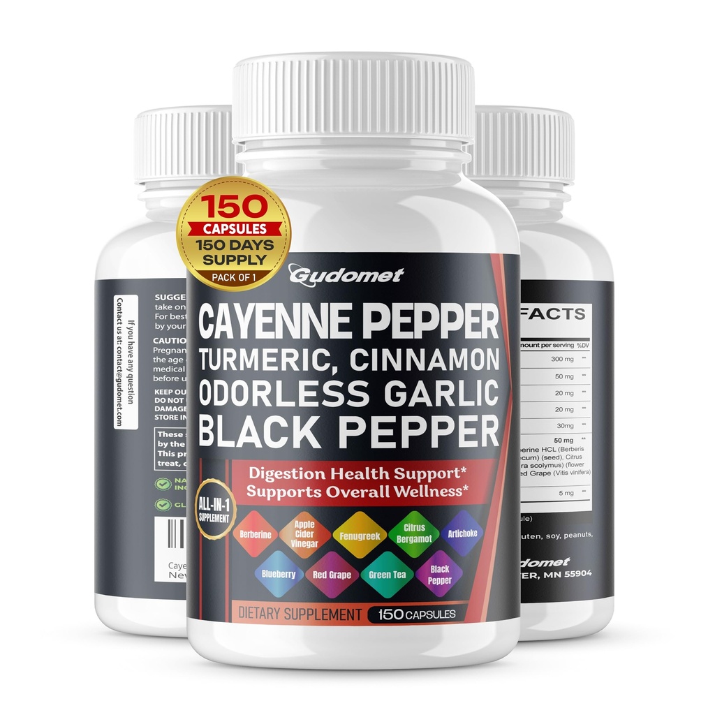 Cayenne Pepper Turmeric Odorless Garlic Cinnamon Fenugreek Citrus Bergamot Artichoke Blueberry Green Tea Black Pepper -150 Capsules