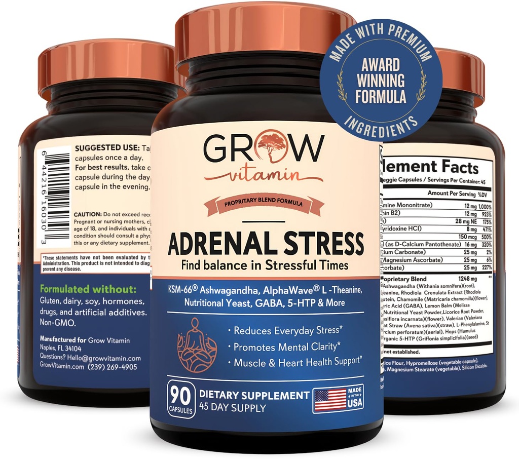 Grow Vitamin Adrenal Stress Advanced Formula, Organic KSM-66 Ashwagandha with AlphaWave L-Theanine, 5-HTP, Magnesium Blend - Everyday Stress Relief, Mood Support, Cognitive, Brain Health, 90 Capsules
