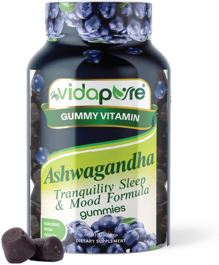 Ashwagandha Gummies, High Potency Ashwagandha Root Extract z Magnezijev Glycinate, Melatonin, B6, Valerian Root, GABA, Pasijon cvet za moške in ženske. 60 Grof 30 streže myVidaPure