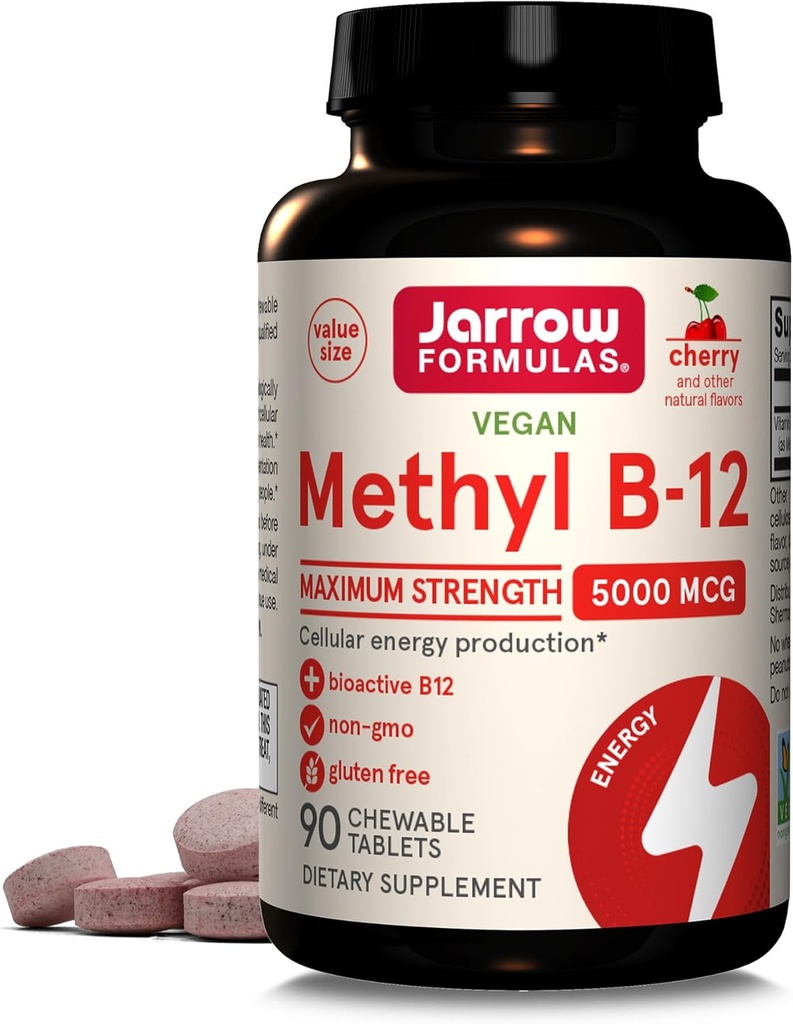 Jarrow Vitamin B12 5000 mcg - Maximální síla pro buněčnou energii a zdraví mozku, 90 Cherry žvýkací tablety, B12 Vitamíny 5000 mcg