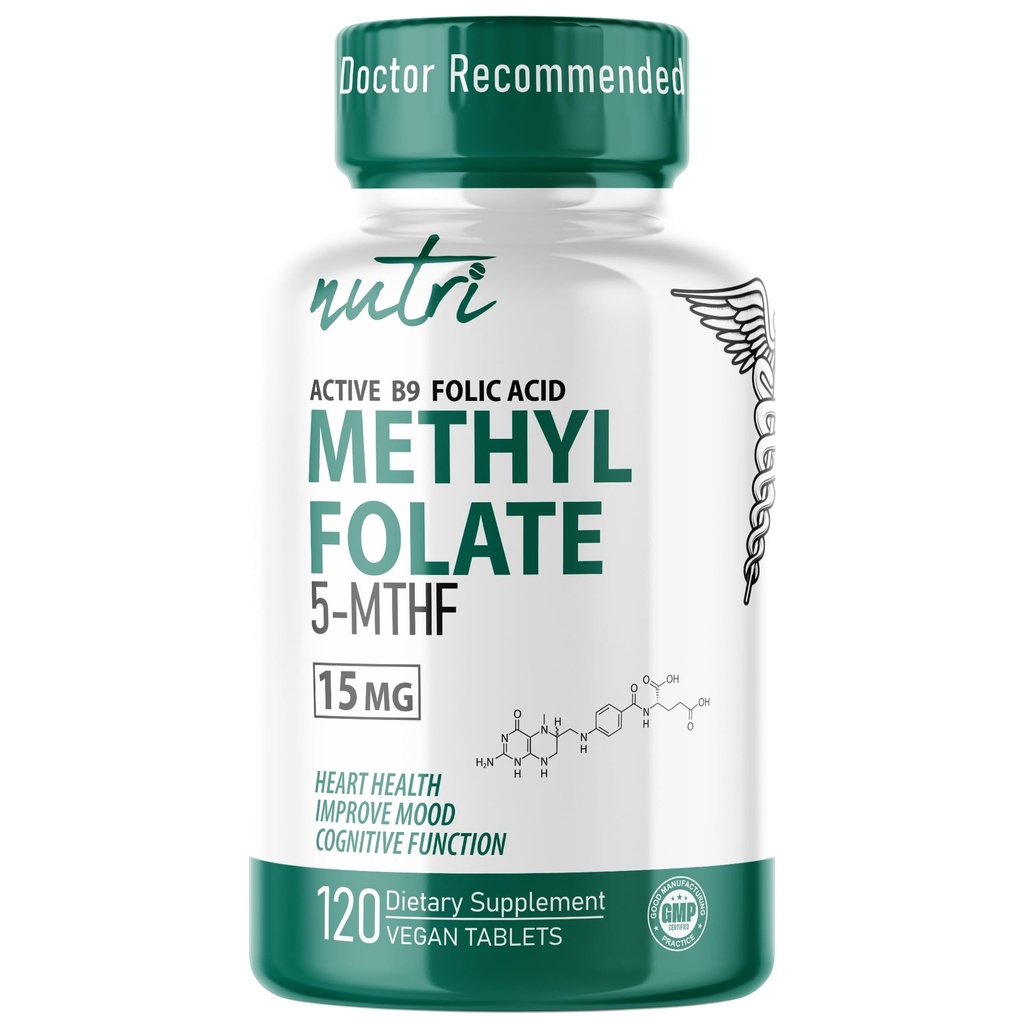 Nutri 5-MTHF L Methylfolate 15MG - 4 Month Supply, 120 Vegan Tablets - Methylated Folate Supplement - Cognitive Function, Heart Health, Prenatal Support - 3rd Party Tested - NSF Certified Facility