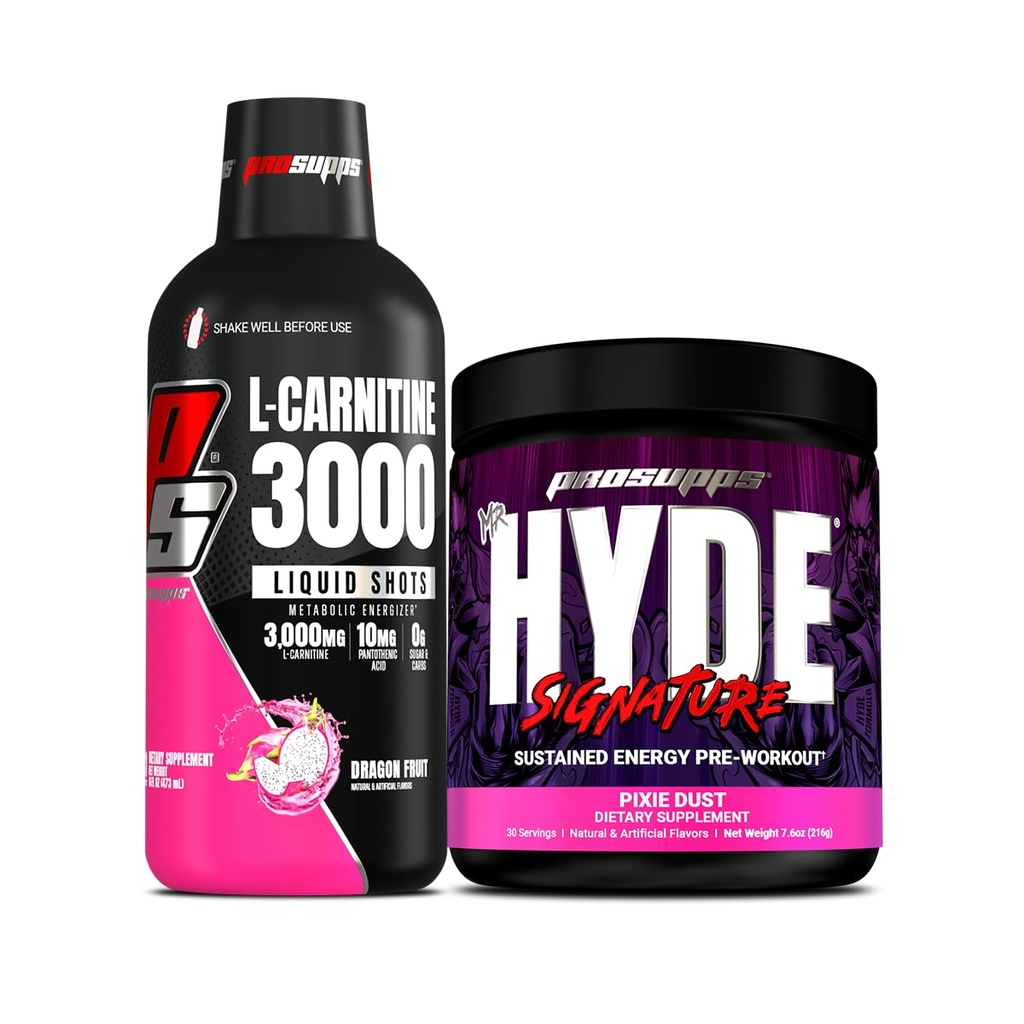 PROSUPPS L-Carnitine 3000 Stimulant Free Liquid Shots (31 Servings, Dragon Fruit) and Mr. Hyde Signature Series Pre-Workout Energy Powdered Drink (30 Servings, Pixie Dust) Bundle