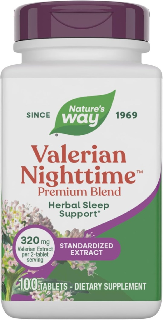 דרכו של הטבע ולריאן Nighttime, Herbal Sleep Aid*, 320 מ"ג לכלוא של הפלט ולריאן, Gluten-Free, 100 Tablets