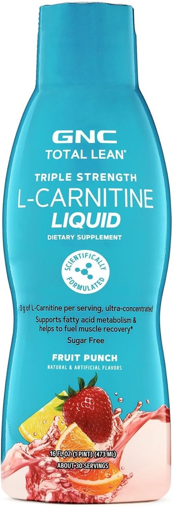 GNC Total Lean Triple Strength L-Carnitine Liquid . Supports Fatty Acid Metabolism and helps to Fuel Muscle Recovery, Sugar Free . Fruit Punch . 16 fl.oz