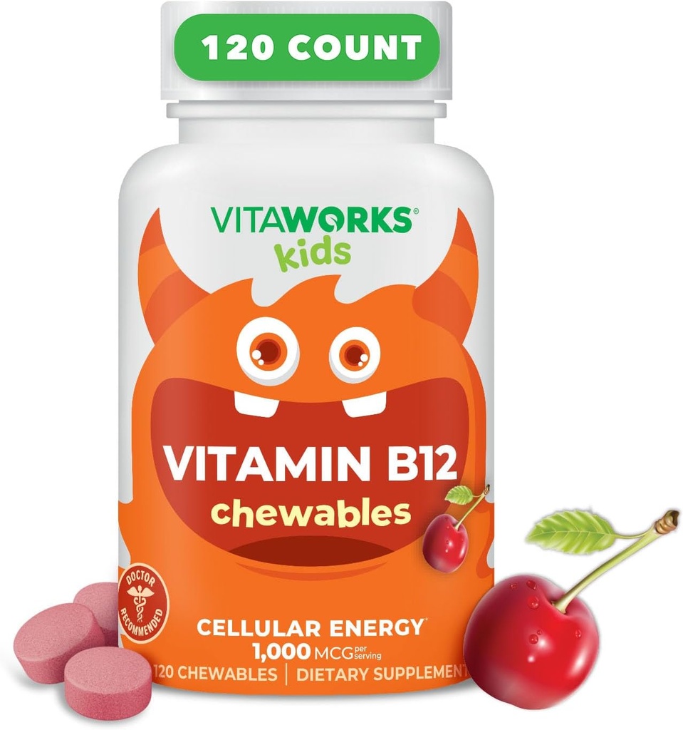 Kinder Vitamin B12 1000 mcg Chewable Tablets - Tasty Natural Cherry Flavor - Vegan, GMO-frei, Glutenfrei, Nut Free - Nahrungsergänzung - Cellular Energy Vitamins for Children - 120 Chewables