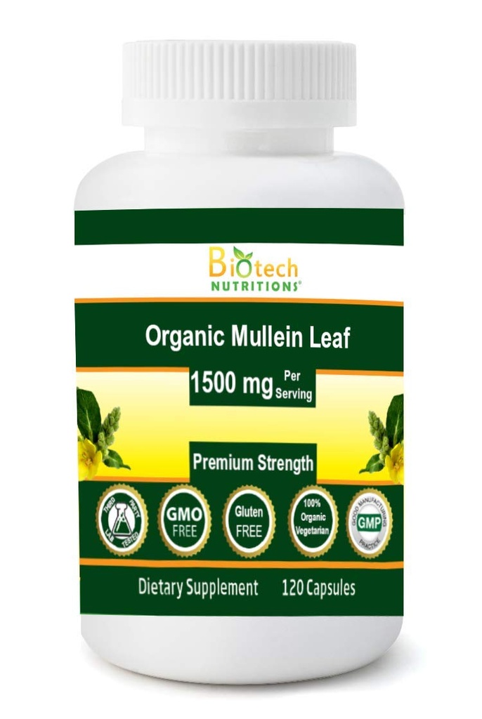 Organic Mullein Leaf 1500 mg Serving 120 Vegetable Capsules Made in USA