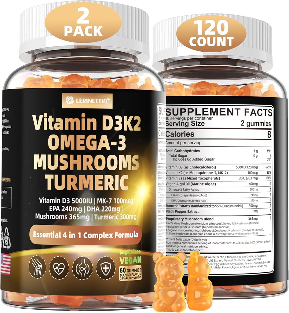 D3-vitamin 5000iu (125mcg) + K2-vitamin (MK7) Gummiek Algavoval Omega 3-124; Maximális hatáserősség D3 + K2-vitamin 124; Csont, Fogak, Energia, Immun, Kalcium-abszorpció - Vegan, Sugar Free, 120Ct