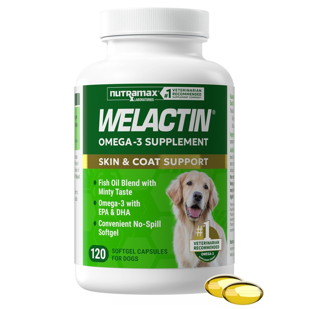 Nutramax Welactin Canine Softgels, Omega 3 Supplement for Dogs, Softgels, 120 Count