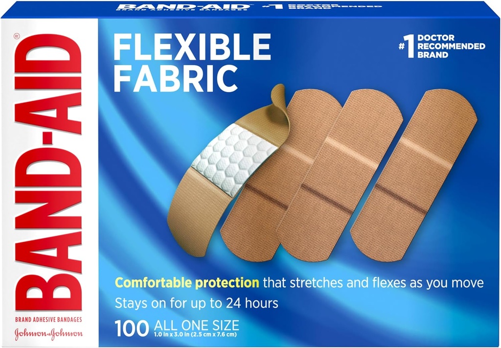 Band-Aid Brand Esnek Fabric Sterile yapışdırma Bandajları, Yanvar Cuts, Hamısı və Burnlar, İlk Yardım, Hurt-Free Comfort Pad, Bir Ölçü 1x3 In, 100 Count
