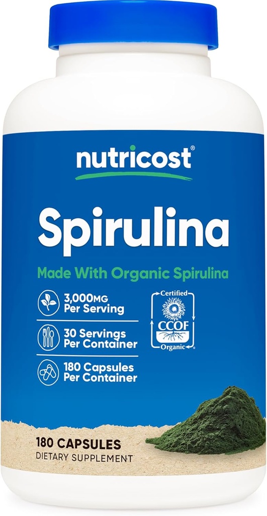 Nutricost Spirulina 3000 mg, 180 kapselia 30 tarjoiluun - CCOF Certified Made with Organic Spirulina, Gluteeniton, Kasvisruoka