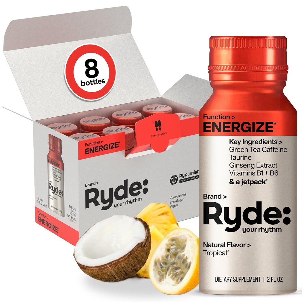 Ryde: Energy Shot, 0 Calories, 0 Sugar, Green Tea Caffeine, Taurine, Ginseng Extract & B Vitamins, 2 FL OZ Shots, Tropical Flavor, Boosts energy (8 Pack)